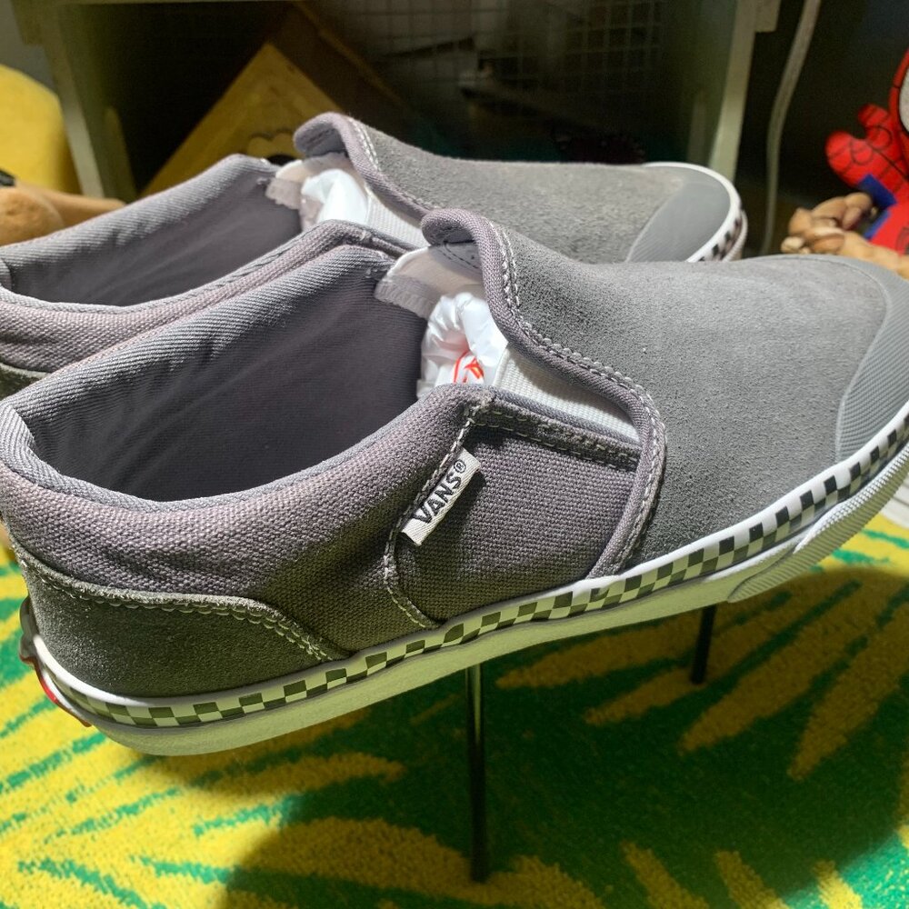 Youth Size 6.0 Slip-On Shoes Olive Green/Grey Suede w/ Checker Ribbon Design